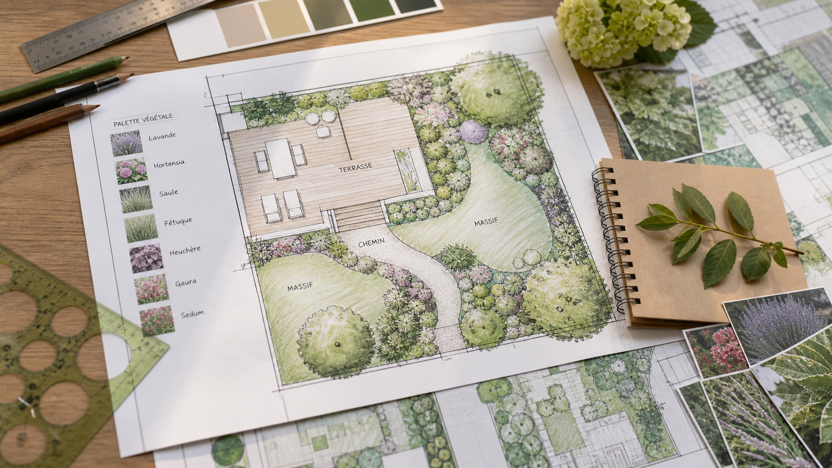 Plan de jardin avec terrasse, massifs, cheminement et palette végétale