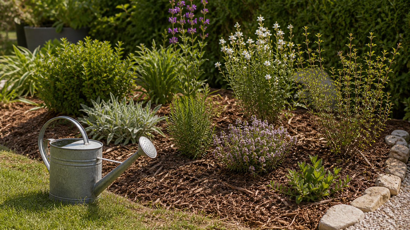 Massif paillé avec plantes locales, arrosoir et sol couvert